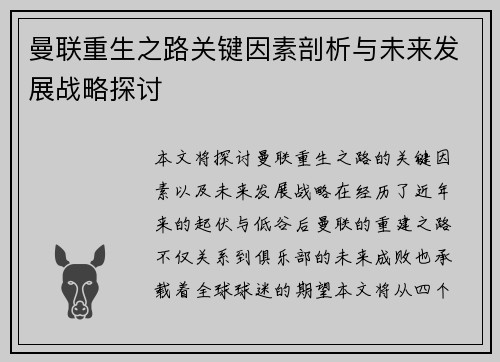 曼联重生之路关键因素剖析与未来发展战略探讨